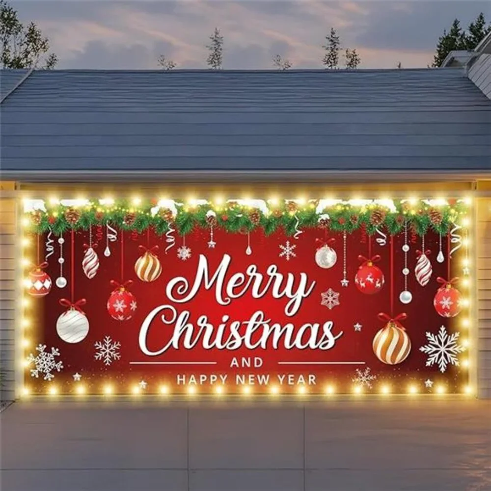 7x16ft Christmas Garage Door Cover with LED String Lights 2025 Large Garage